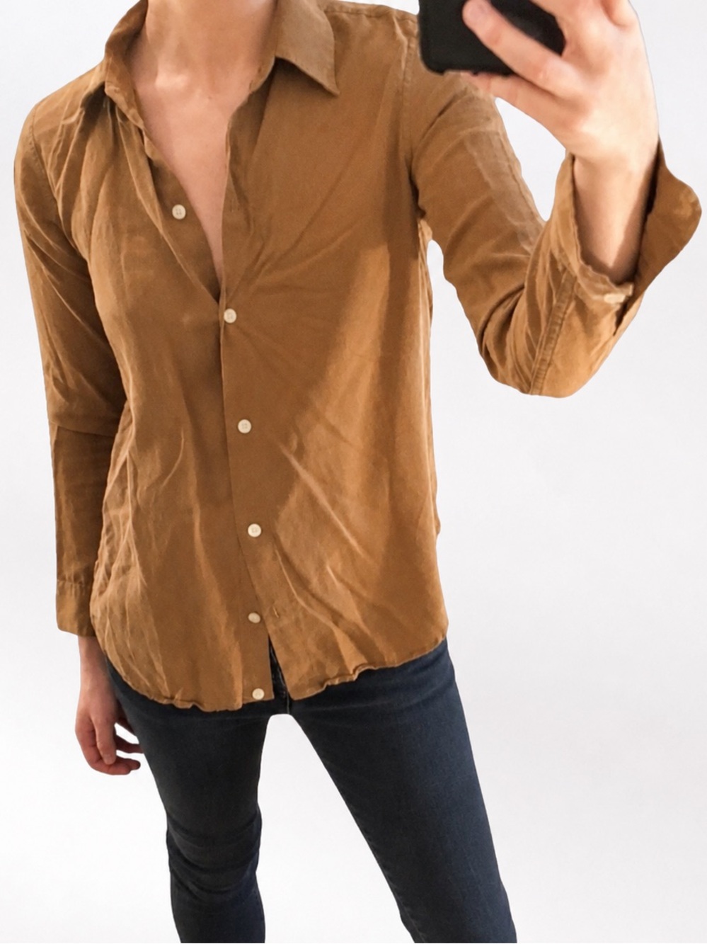 Qualité Light Brown Tan Cognac Long Sleeve Button Down Shirt Top • Japan • 2 / S